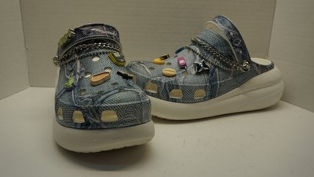 Crocs Rare SZA x Classic Crush Clog Denim Print Platform Shoes Charms Size 11
